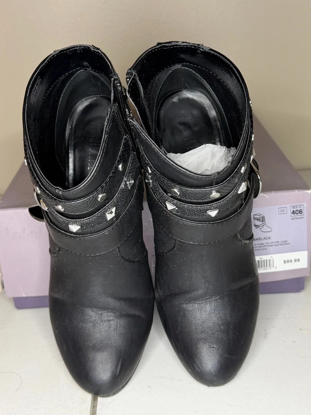 Jennifer Lopez Black Studded Buckle Ankle Booties